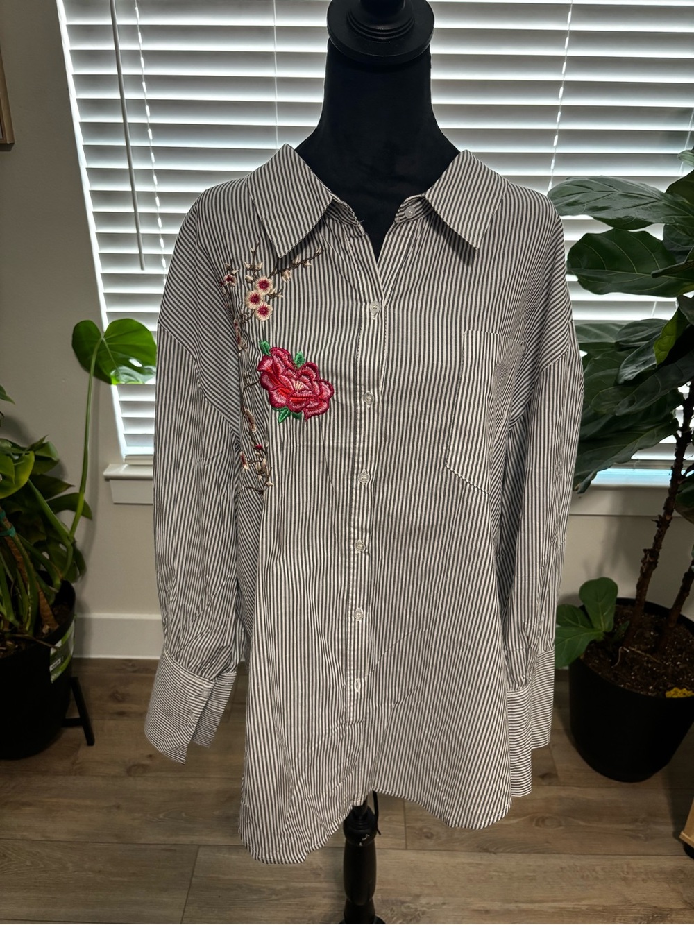 Velvet Black and White Striped Button-Up Blouse with Pink Floral Embroidery